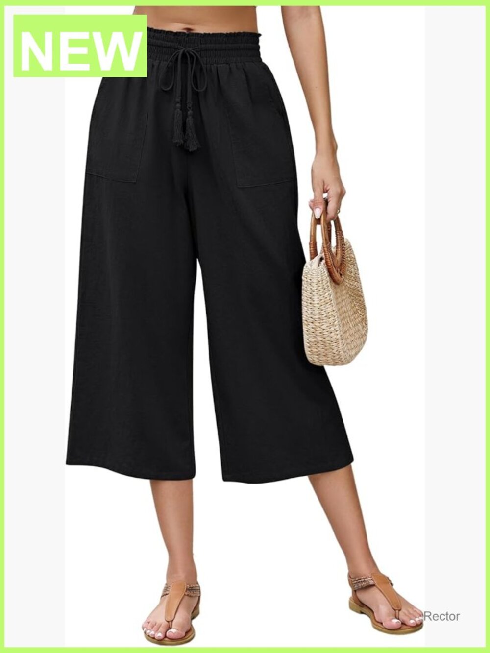 Linen Capri Pants Wide Leg Drawstring Elastic Waist Cropped Pants